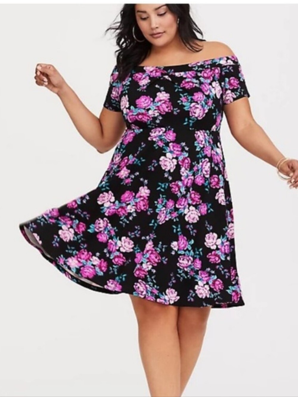 Torrid Plus Size 3x: Off-Shoulder Black Floral A-Line Skater Dress - Pink Roses